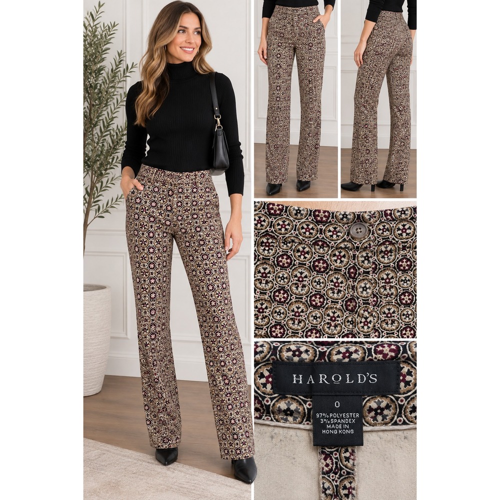 Brown Burgundy Geometric Print Pants 0 Straight Leg Y2K Retro Dark Academia